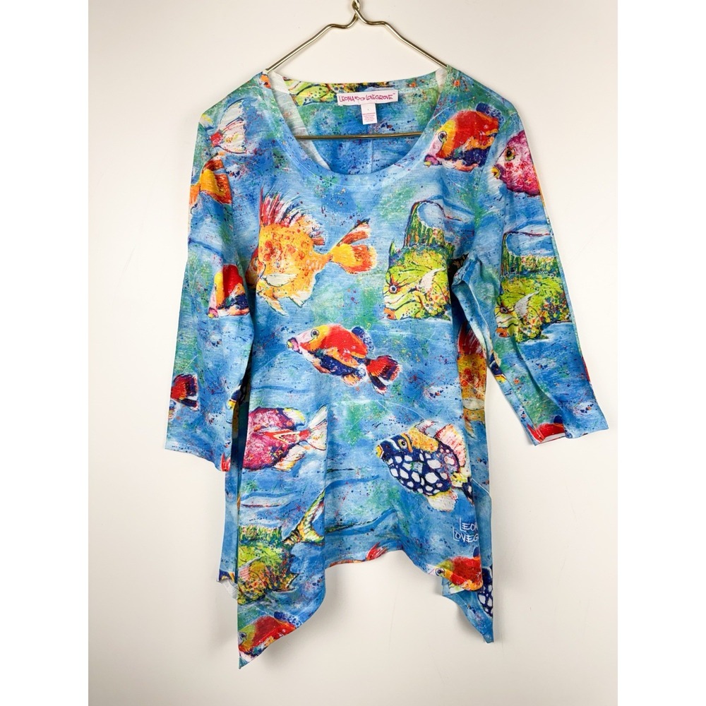 Leoma Lovegrove Size Large Blue Colorful Fish Paint Splash Tunic Blouse Coastal